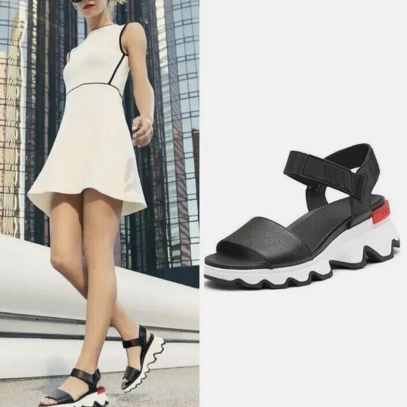 SOREL Black KINETIC Leather Rubber Wavy Platform Sandals - Picture 6 of 10